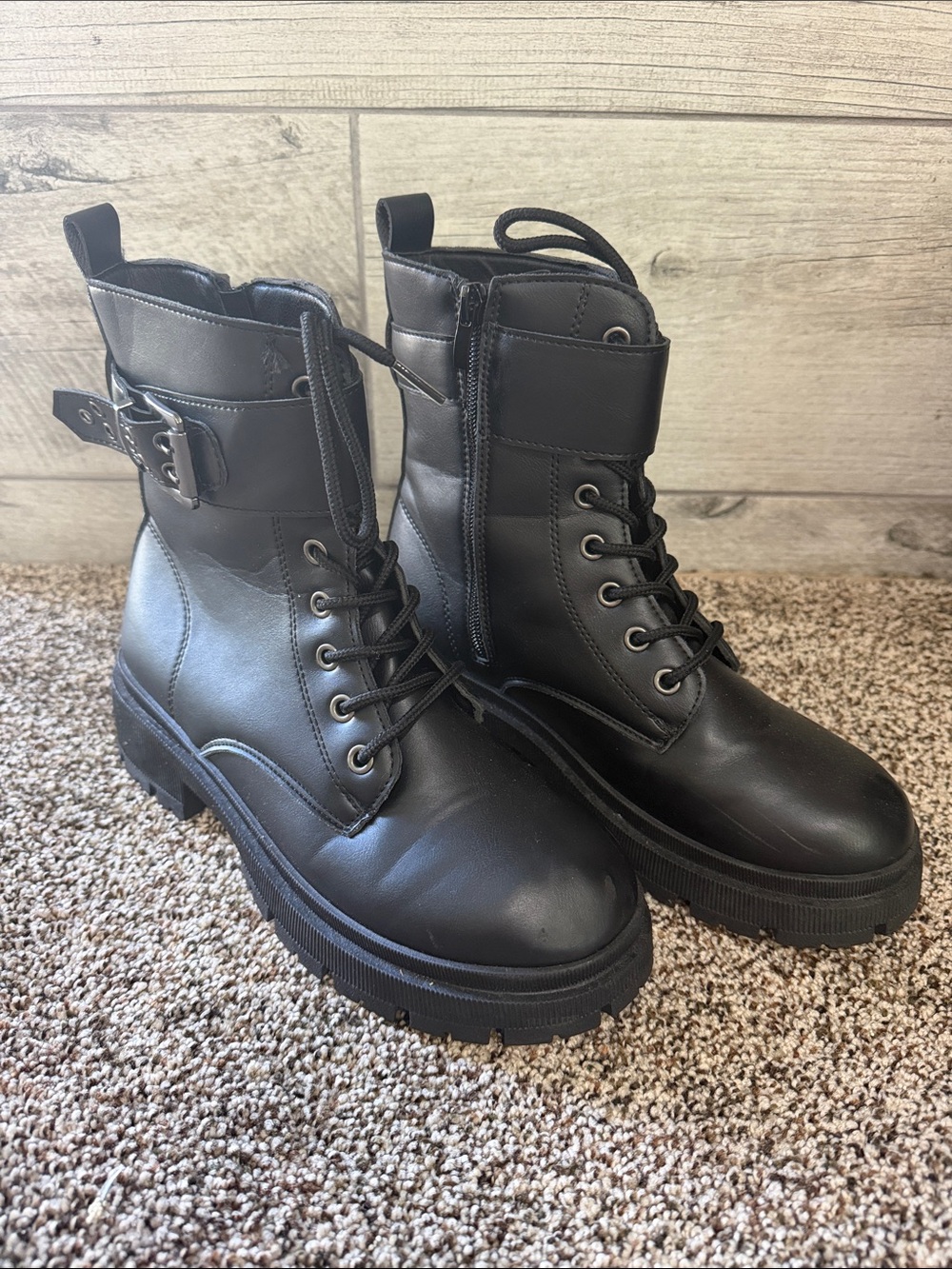 Black Lace-Up Women's Combat Boots with Side Buckle
